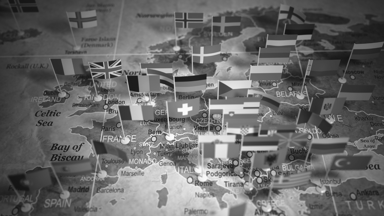 Map of Europe and Asia with flags